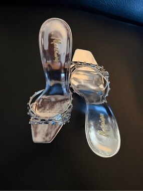 Marciano Silver Crystal-Embellished Slide Heels